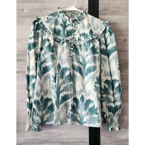 OLIVIA JAMES THE LABEL $242 NWOT XS ELLA Top Ruffle Button Blouse Damask Pine